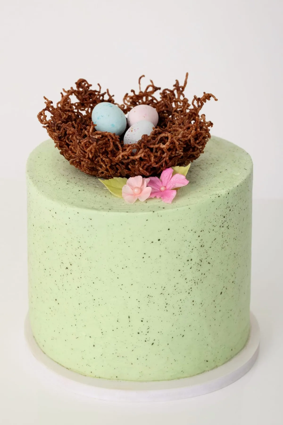 A speckled green Easter cake with a chocolate nest of eggs